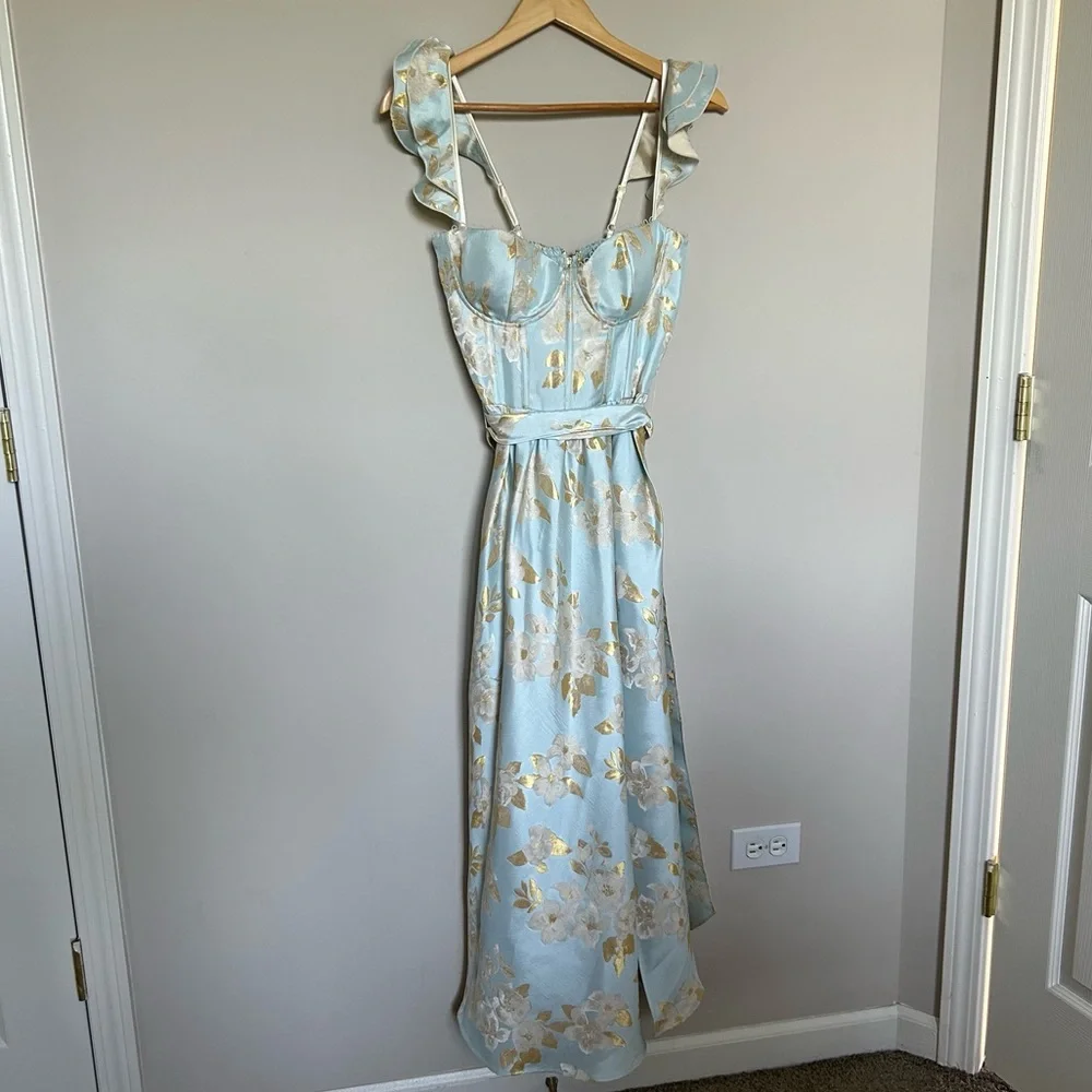 V. Chapman Sky Blue and Gold Floral Midi Dress - Picture 6 of 15